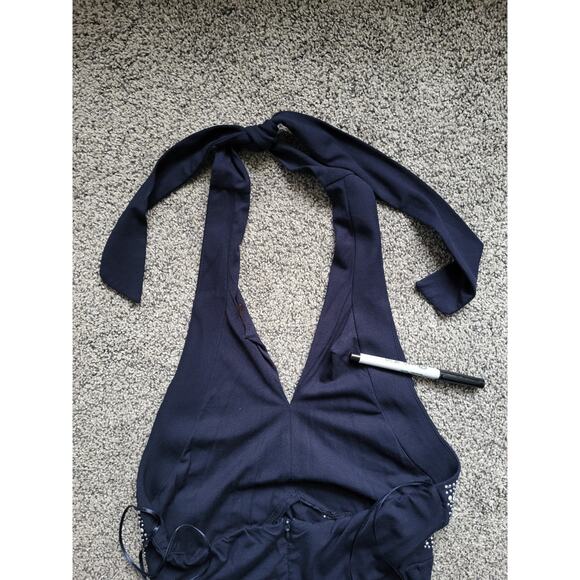 VTG Y2K Cache Beaded Halter Maxi Dress Navy Small Evening Prom Formal Gown READ - Picture 11 of 16